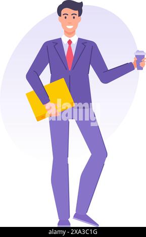 Cheerful office worker business man going to job holding coffee paper cup and documents folder vector flat illustration. Smiling male boss enjoying mo Stock Vector