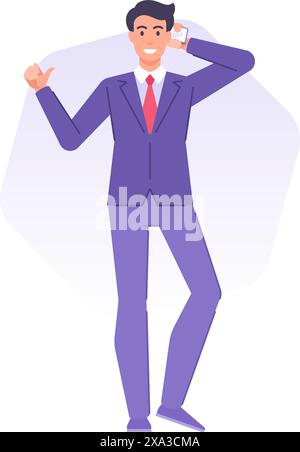 Cheerful male boss in suit tie talking smartphone pointing thumbs up discussing successful business deal vector flat illustration. Smiling entrepreneu Stock Vector