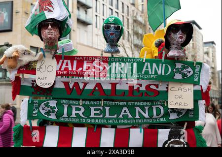 Street stall selling Wales v Ireland merchanidse, before a six nations Rugby international between the two sides, in Cardiff, Wales Stock Photo