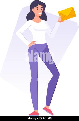 Happy young casual brunette woman holding yellow envelope with paper letter postal delivery new message vector flat illustration. Smiling female posin Stock Vector