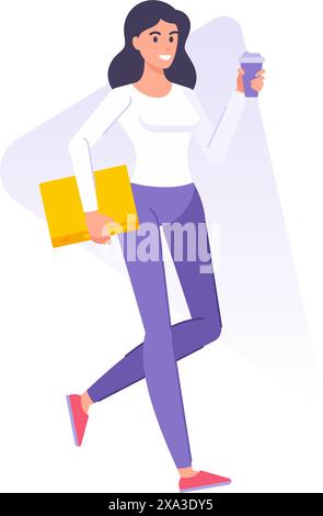 Happy modern woman office worker hurry to job with coffee cup and documents paper folder vector flat illustration. Smiling morning female carrying con Stock Vector