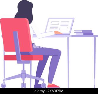 Back view female student online elearning distance education sitting desk laptop with stack of books vector isometric illustration. Woman freelancer w Stock Vector
