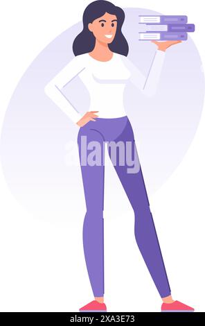 Smiling young brunette business woman posing with stack of paper folders document for working archive storage vector flat illustration. Happy female e Stock Vector
