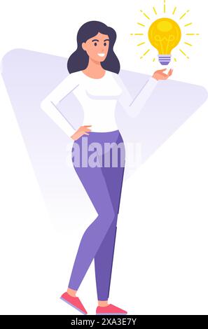 Happy woman leader holding light bulb having good idea innovation vector flat illustration. Smiling creative female with bright lightbulb smart worker Stock Vector