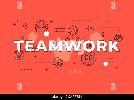 Teamwork text concept modern flat style vector illustration red banner with outline icons. Successful business website landing page template or mobile Stock Vector