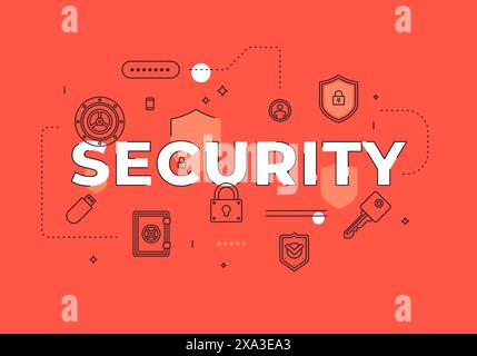 Security text concept modern flat style vector illustration red banner with outline icons. Protection company website landing page template or mobile Stock Vector
