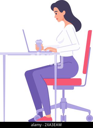 Smart female office worker sitting on chair at desk workspace with coffee paper cup side view vector flat illustration. Woman professional marketologi Stock Vector