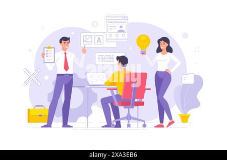 Modern colleagues sharing ideas and create design in office vector illustration. Flat contemporary workers offering creative ideas on laptop while wor Stock Vector