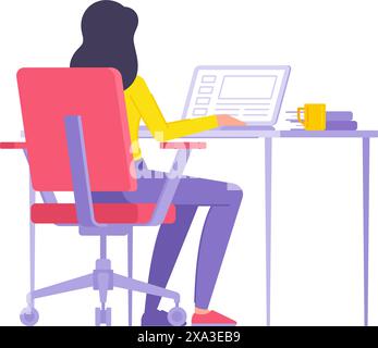 Back view modern woman working laptop browsing internet website sitting at desk workplace vector isometric illustration. Female enjoying online shoppi Stock Vector
