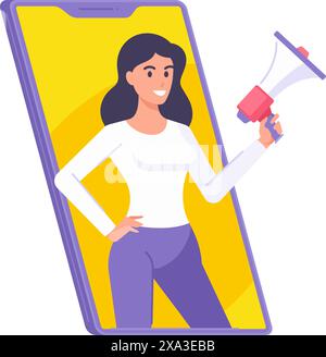Woman with megaphone at screen of smartphone internet marketing advertising isometric vector illustration. Female with loudspeaker announce online dis Stock Vector