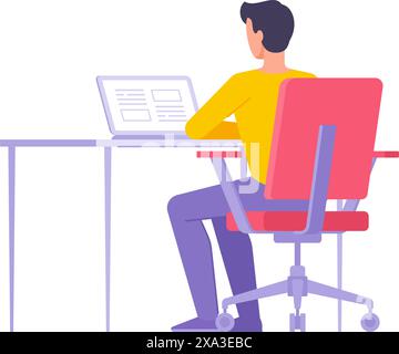 Male developer user business employee working on computer sitting at workplace in home or office vector illustration. Back view focused man programmer Stock Vector