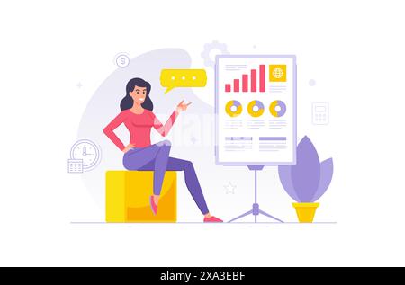 Modern cartoon businesswoman character showing infographic poster vector illustration. Female speaker doing presentation with whiteboard infographic s Stock Vector