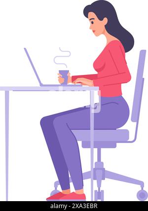 Confident business woman working use laptop sitting at desk with hot tea coffee beverage side view vector flat illustration. Focused female internet u Stock Vector