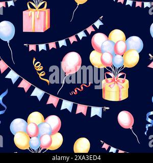 Gift with balloons bunch Garland of flags and confetti. Seamless pattern. Hand drawn watercolor illustration. Vintage template of baby party. Festive Stock Photo