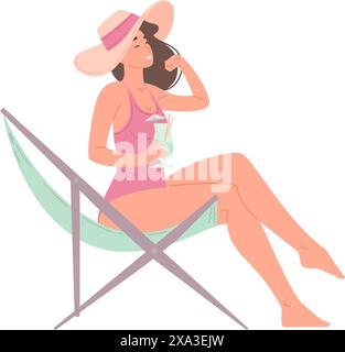 Happy relaxed woman sunbathing on chaise longue with summer cocktail enjoying sea beach vacation vector flat illustration. Smiling female in swimsuit Stock Vector