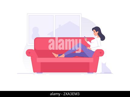 Flat style cartoon character woman using smartphone on sofa vector illustration. Casual female chilling on red sofa near window and browsing social me Stock Vector