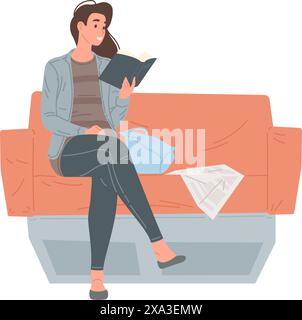 Casual smiling woman reading book waiting something sitting on couch at public place vector flat illustration. Happy female enjoying favorite hobby en Stock Vector