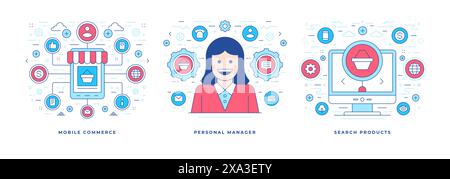 Set of vector illustrations of line flat banners with colorful icons designed for online shopping and commerce marketing and promotion in social media Stock Vector