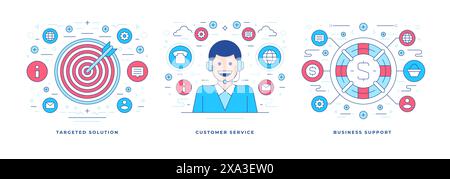 Set of vector illustrations line designs of flat banners created for various business support services advertisement in social media. Linear style des Stock Vector