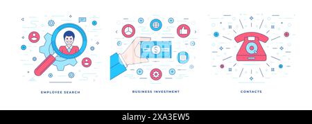 Set of vector illustrations graphic designs of flat line banners with icons offering various solutions for successful business expansion. Linear style Stock Vector