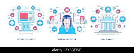Set of vector illustrations of flat line banners designs with colorful graphic icons created for websites advertising various financial services. Line Stock Vector