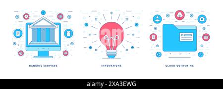 Set of flat vector illustrations of line banners with graphic icons for various innovative services helping to improve modern life. Linear style desig Stock Vector