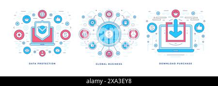 Set of vector illustrations flat line designs of banners with colorful icons for protected global business and commerce marketing campaign. Linear sty Stock Vector