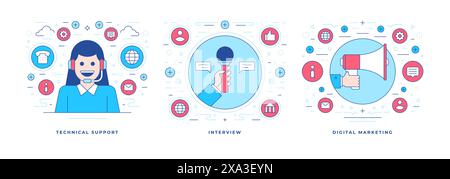Set of vector illustration of flat line banners with icons various client oriented services for social media marketing campaign. Linear style design t Stock Vector