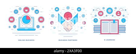 Set of vector illustrations flat line banners designed for online business and e learning services social media marketing campaign. Linear style desig Stock Vector