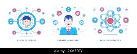 Set of vector illustrations line flat banners with graphic icons advertising various customer and innovation oriented services for business. Linear st Stock Vector
