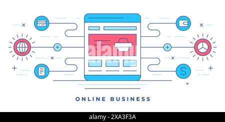 Vector illustration of flat line banner with page of internet shop and graphic icons for website promoting online business. Linear style design templa Stock Vector