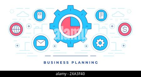 Vector illustration of flat line banner with graphic gear and icons created for modern website offering business planning services. Linear style desig Stock Vector