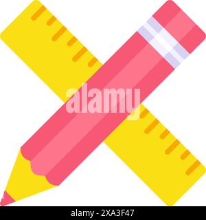 Crossed pencil and ruler school education vector flat illustration. Stationery supply learning geometry, mathematics educational discipline isolated o Stock Vector