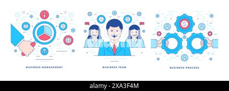 Set of vector illustrations of flat line banners with successful business components and icons designed for social media marketing campaign. Linear st Stock Vector