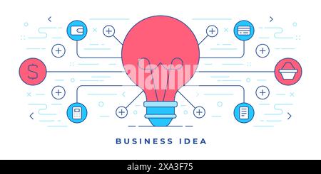 Vector illustration of graphic line banner with light bulb and graphic icons for website offering ideas and modern business. Linear style design templ Stock Vector