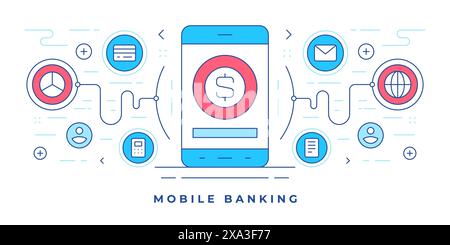 Vector illustration of flat linebanner with smartphone and graphic icons for modern website promoting mobile banking app and services. Linear style de Stock Vector