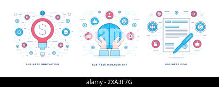 Set of vector illustrations of flat line banners with icons representing business innovation and management solutions leading to deal consummation. Li Stock Vector