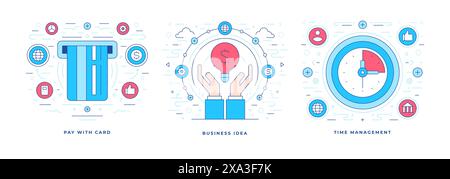 Set of line vector illustrations graphic designs of modern solutions for successful business with colorful icons created for social media marketing ba Stock Vector