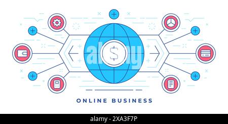 Vector illustration of flat line banner with globe and money colorful graphic icons designed for website promoting online business services. Linear st Stock Vector
