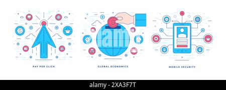 Set of vector illustrations flat line banners with icons designed for website promoting various convenient and secure financial services. Linear style Stock Vector