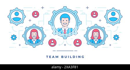 Vector illustration of flat line banner with colleagues inside graphic gears for website advertising team building services for business. Linear style Stock Vector