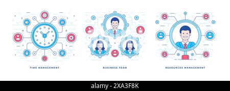 Set of vector illustrations flat line banners designed for assorted management types for successful business marketing campaign in social media. Linea Stock Vector