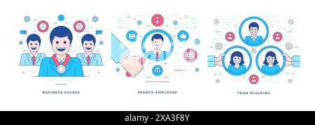 Set of vector illustrations of flat line banners with icons designed for website promoting business success and team building services. Linear style d Stock Vector