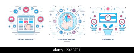 Set of vector illustrations flat linear banners with graphic icons created for various online commerce and communication services promotion. Linear st Stock Vector