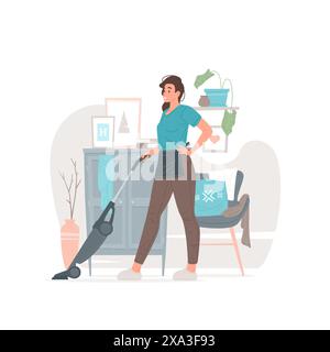 Vector illustration of cheerful young woman with hand on waist using vacuum cleaner to remove dust from floor while tidying cozy apartment. Flat style Stock Vector