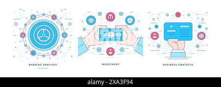 Set of vector illustrations flat linear banners with graphic icons created for advertisement various modern banking services for business. Line style Stock Vector