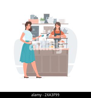 Vector illustration of happy female customer paying for hot drink to go with credit card while visiting cozy coffee house with friendly barista. Flat Stock Vector