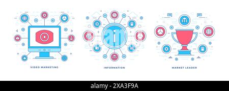 Set of vector illustrations line flat banners with graphic icons representing information promotion through video marketing for market leader. Linear Stock Vector
