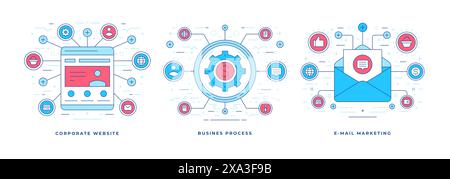 Set of vector illustrations graphic linear banners with icons designed for various online solutions for successful business marketing in social media. Stock Vector