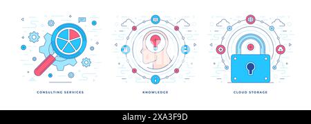 Set of vector illustrations of flat line designs with graphic icons for various information services advertisement campaign in social media. Linear st Stock Vector
